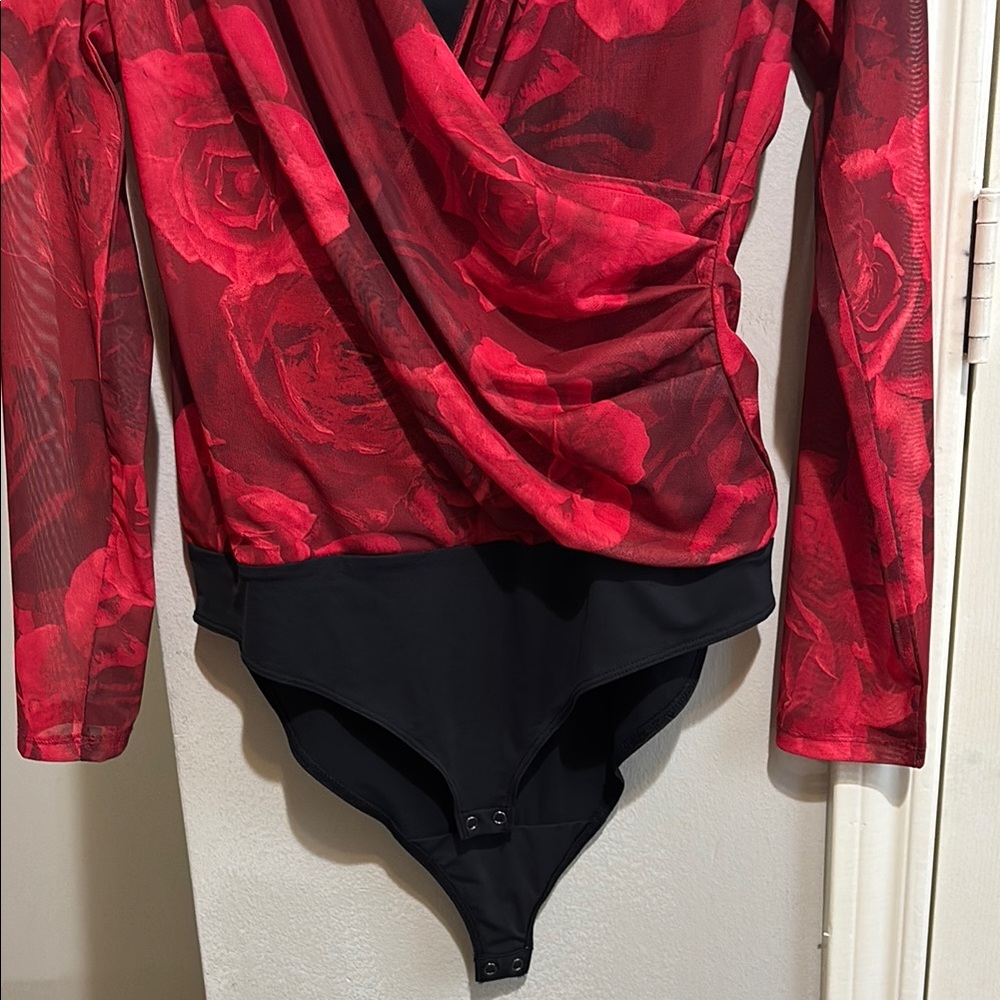 Koral Red and Black Long Sleeve Wrap Bodysuit - Picture 3 of 5